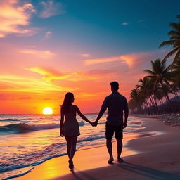 A stunning photo edit of a vibrant sunset over a scenic beach, with the sun lowering on the horizon casting warm orange, pink, and purple hues in the sky