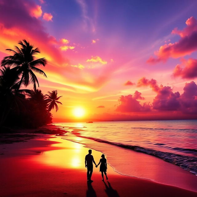 A stunning photo edit of a vibrant sunset over a scenic beach, with the sun lowering on the horizon casting warm orange, pink, and purple hues in the sky