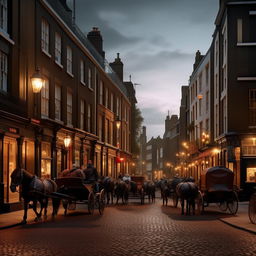 Create a dynamic image of a bustling Victorian London street at dusk with gas lamps flickering, horse-drawn carriages navigating cobblestone roads, and people wearing period-accurate attire bustling about.