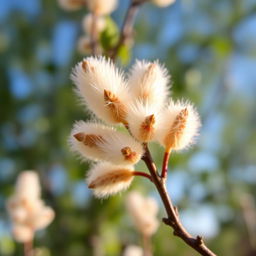 A close-up view of a delicate and beautiful flower resembling a 'pussy willow' branch, featuring soft, furry catkins