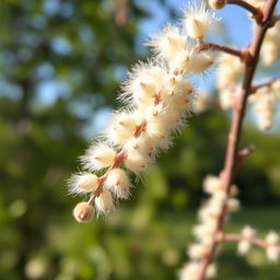 A close-up view of a delicate and beautiful flower resembling a 'pussy willow' branch, featuring soft, furry catkins