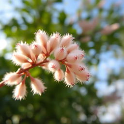 A close-up view of a delicate and beautiful flower resembling a 'pussy willow' branch, featuring soft, furry catkins