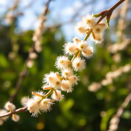 A close-up view of a delicate and beautiful flower resembling a 'pussy willow' branch, featuring soft, furry catkins