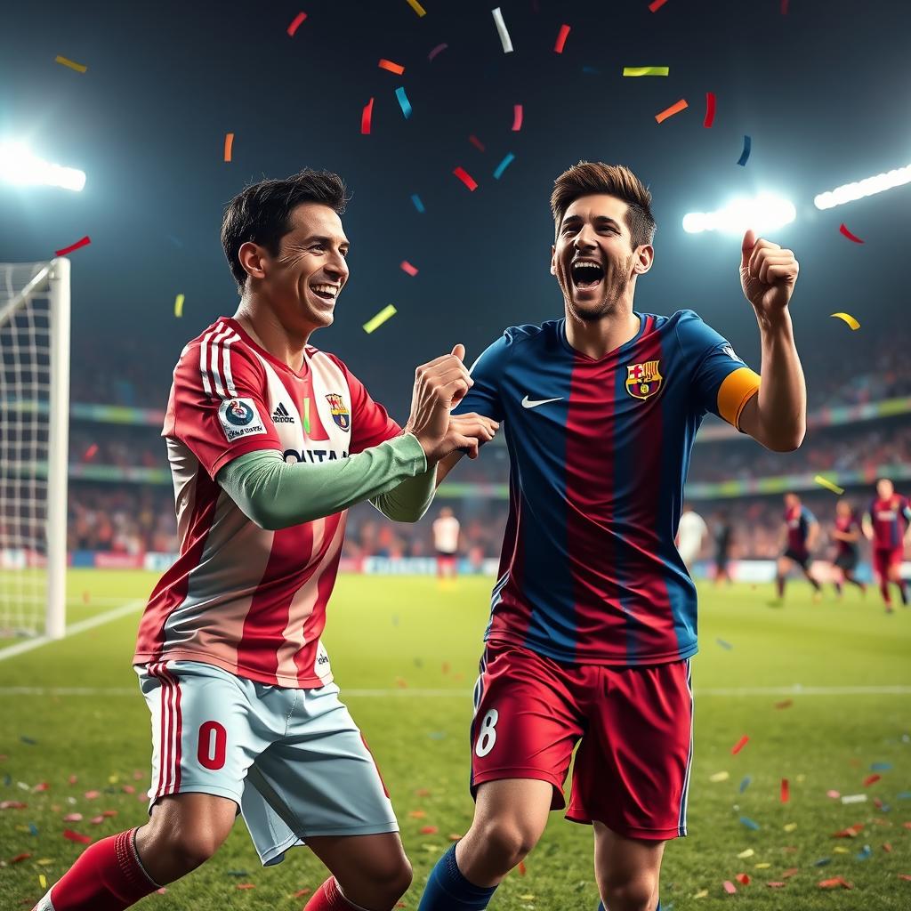 A whimsical and humorous scene depicting two famous soccer players, Cristiano Ronaldo and Lionel Messi, engaged in a celebratory dance on a football field after a goal