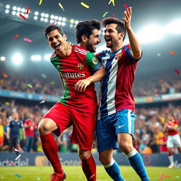 A whimsical and humorous scene depicting two famous soccer players, Cristiano Ronaldo and Lionel Messi, engaged in a celebratory dance on a football field after a goal