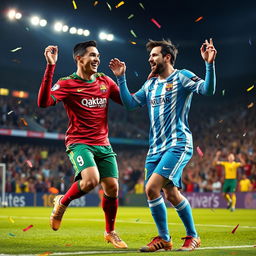 A whimsical and humorous scene depicting two famous soccer players, Cristiano Ronaldo and Lionel Messi, engaged in a celebratory dance on a football field after a goal