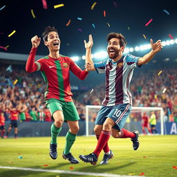 A whimsical and humorous scene depicting two famous soccer players, Cristiano Ronaldo and Lionel Messi, engaged in a celebratory dance on a football field after a goal