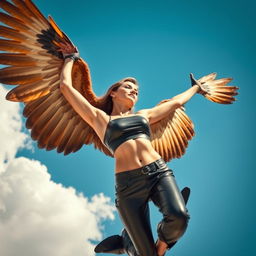 A stunningly beautiful 30-year-old woman with a healthy physique, elegantly dressed in a sleek leather outfit that accentuates her form