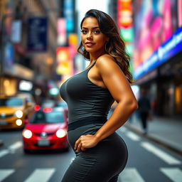 A confident and stylish woman with a curvaceous figure is posing on a city street, wearing a fitted outfit that accentuates her curves