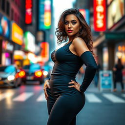 A confident and stylish woman with a curvaceous figure is posing on a city street, wearing a fitted outfit that accentuates her curves