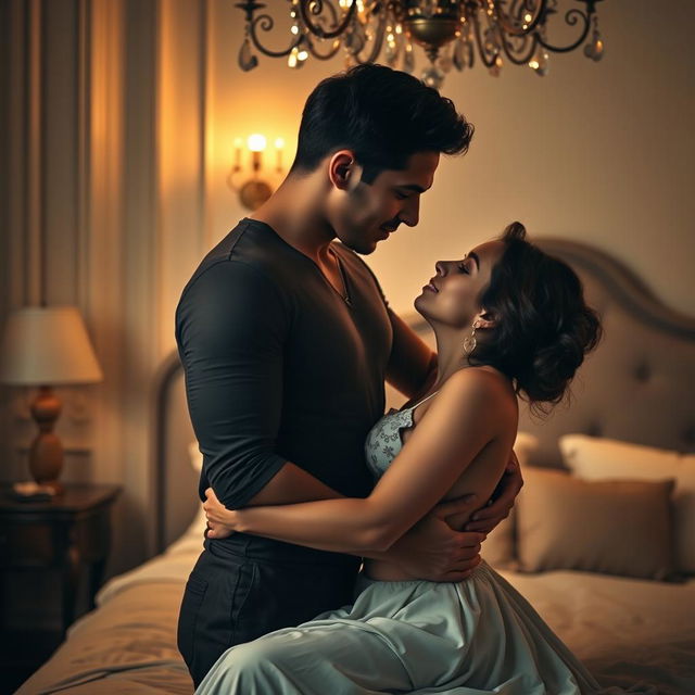 A sensual and intimate scene depicting a couple in an elegant bedroom, emphasizing connection and trust between them