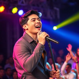 A handsome Indonesian man passionately singing on stage, with a powerful expression and engaging presence