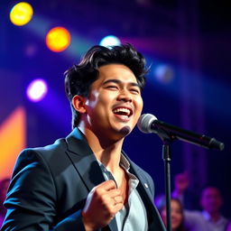 A handsome Indonesian man passionately singing on stage, with a powerful expression and engaging presence