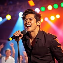 A handsome Indonesian man passionately singing on stage, with a powerful expression and engaging presence