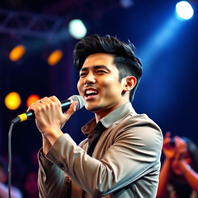 A handsome Indonesian man passionately singing on stage, with a powerful expression and engaging presence