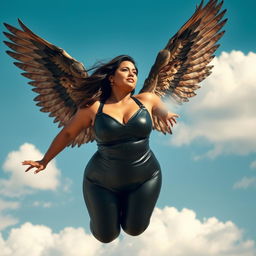 A strikingly beautiful plus-size woman in her 30s, soaring through a clear blue sky