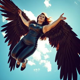 A strikingly beautiful plus-size woman in her 30s, soaring through a clear blue sky