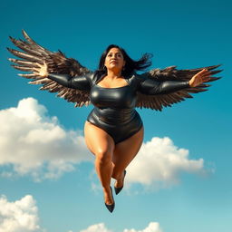 A strikingly beautiful plus-size woman in her 30s, soaring through a clear blue sky