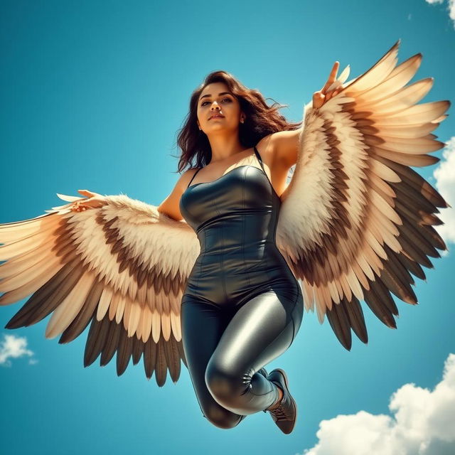 A strikingly beautiful plus-size woman in her 30s, soaring through a clear blue sky