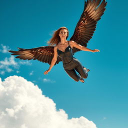A stunningly beautiful winged woman in her 30s, embodying the features of an eagle, soaring gracefully through a vibrant blue sky