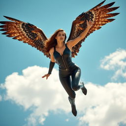 A stunningly beautiful winged woman in her 30s, embodying the features of an eagle, soaring gracefully through a vibrant blue sky