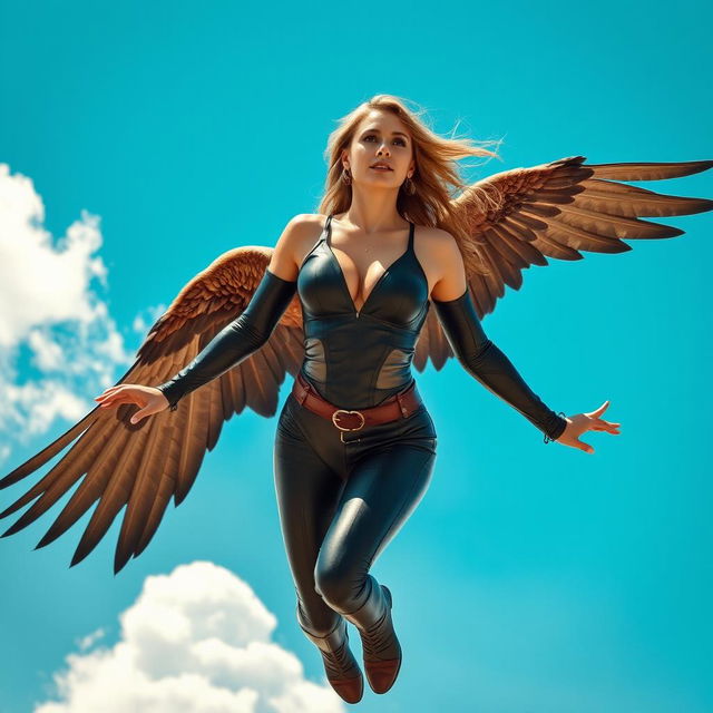 A stunningly beautiful winged woman in her 30s, embodying the features of an eagle, soaring gracefully through a vibrant blue sky