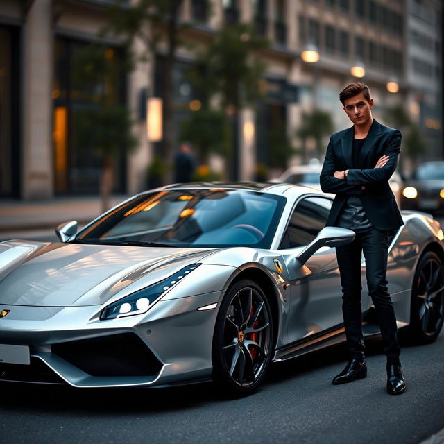 A stunning silver German sports car parked on a city street, glimmering in the evening light with its headlights shining brightly