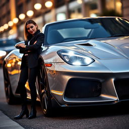 A stunning silver German sports car parked on a city street, glimmering in the evening light with its headlights shining brightly