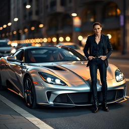 A stunning silver German sports car parked on a city street, glimmering in the evening light with its headlights shining brightly