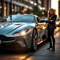 A stunning silver German sports car parked on a city street, glimmering in the evening light with its headlights shining brightly