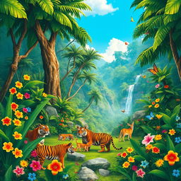 A vibrant and lush jungle landscape inspired by Jumanji, filled with exotic wildlife