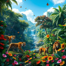 A vibrant and lush jungle landscape inspired by Jumanji, filled with exotic wildlife