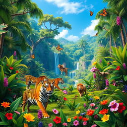 A vibrant and lush jungle landscape inspired by Jumanji, filled with exotic wildlife
