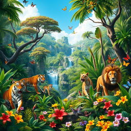 A vibrant and lush jungle landscape inspired by Jumanji, filled with exotic wildlife