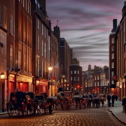 Create a dynamic image of a bustling Victorian London street at dusk with gas lamps flickering, horse-drawn carriages navigating cobblestone roads, and people wearing period-accurate attire bustling about.