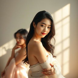 A beautifully lit artistic expression featuring Asian women in an elegant and tasteful pose, celebrating natural beauty and femininity