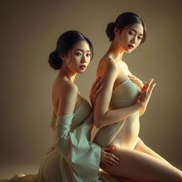 A beautifully lit artistic expression featuring Asian women in an elegant and tasteful pose, celebrating natural beauty and femininity