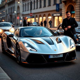 A striking silver German sports car with its headlights illuminated, parked on a lively street in Iran