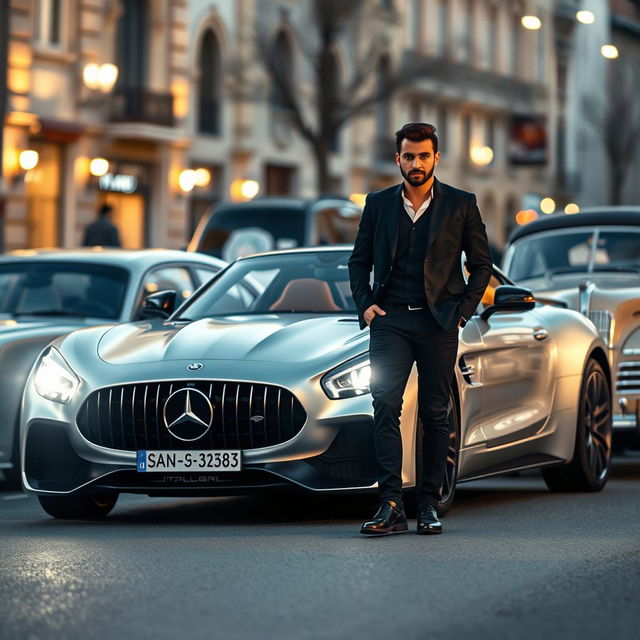 A striking silver German sports car with its headlights illuminated, parked on a lively street in Iran