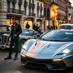 A striking silver German sports car with its headlights illuminated, parked on a lively street in Iran