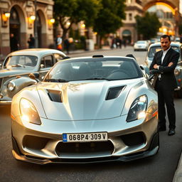 A striking silver German sports car with its headlights illuminated, parked on a lively street in Iran