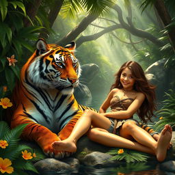 A majestic tiger with vibrant orange and black stripes, lounging and playfully interacting with a strong and adventurous Tarzan girl in a lush, secluded jungle oasis