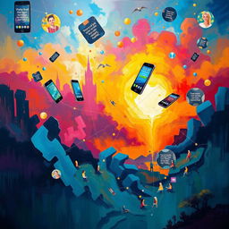 A conceptual painting that captures the beauty of virtual space and the dangers associated with mobile technology