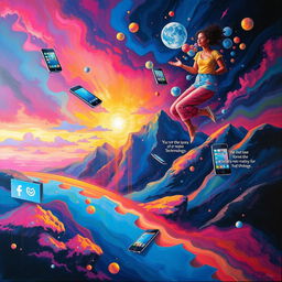 A conceptual painting that captures the beauty of virtual space and the dangers associated with mobile technology