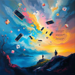 A conceptual painting that captures the beauty of virtual space and the dangers associated with mobile technology