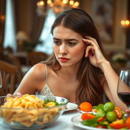 A close-up portrait of a young woman sitting at a beautifully set dining table, looking embarrassed as her stomach makes a loud rumbling sound