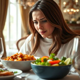 A close-up portrait of a young woman sitting at a beautifully set dining table, looking embarrassed as her stomach makes a loud rumbling sound