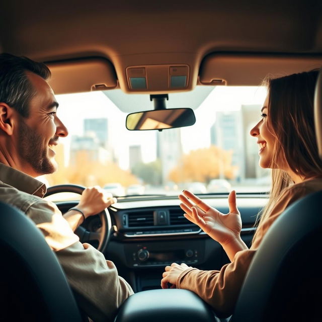 A driver and a passenger engaged in an animated conversation inside a car