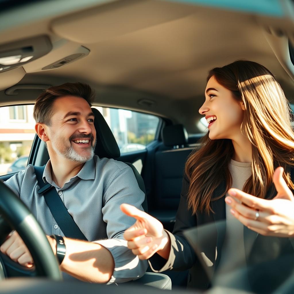 A driver and a passenger engaged in an animated conversation inside a car