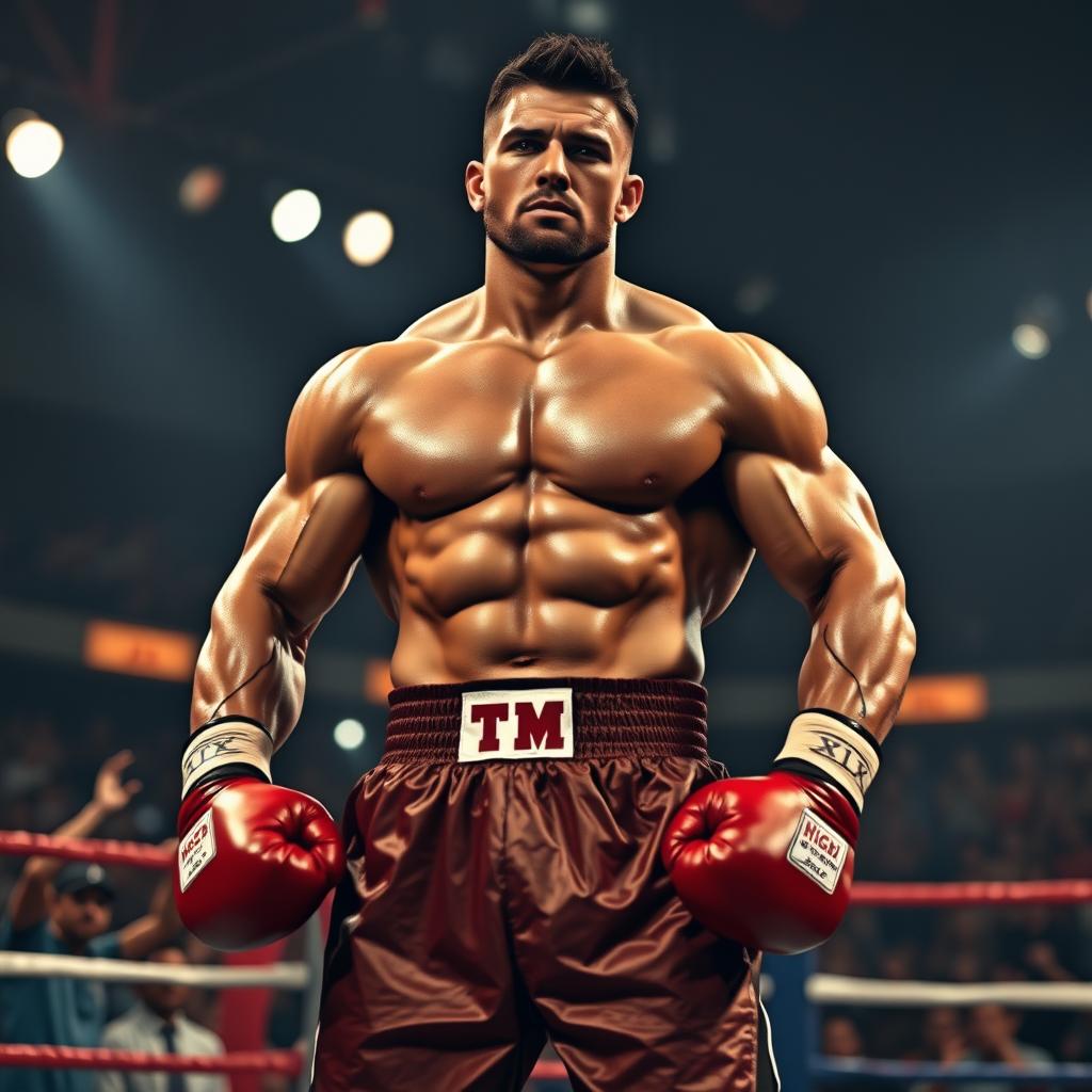 A powerful and muscular figure resembling a boxer, showcasing an impressive physique with defined muscles and strength